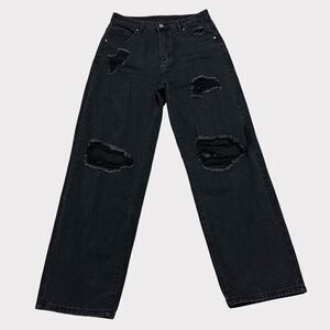 Zara Wide Leg Black Holes Hi Waisted Casual Punk Relaxed Oversized Denim Jeans